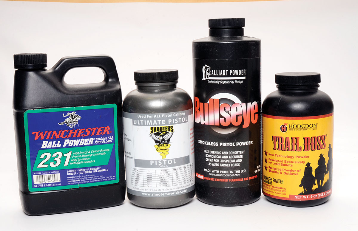 Mike combined these four powders with the four cast bullet designs for test  firing 45 ACP revolvers.